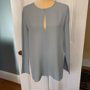 Theory Silk Blouse Size L Pale Blue Long Sleeve Keyhole Split Back Minimalist To